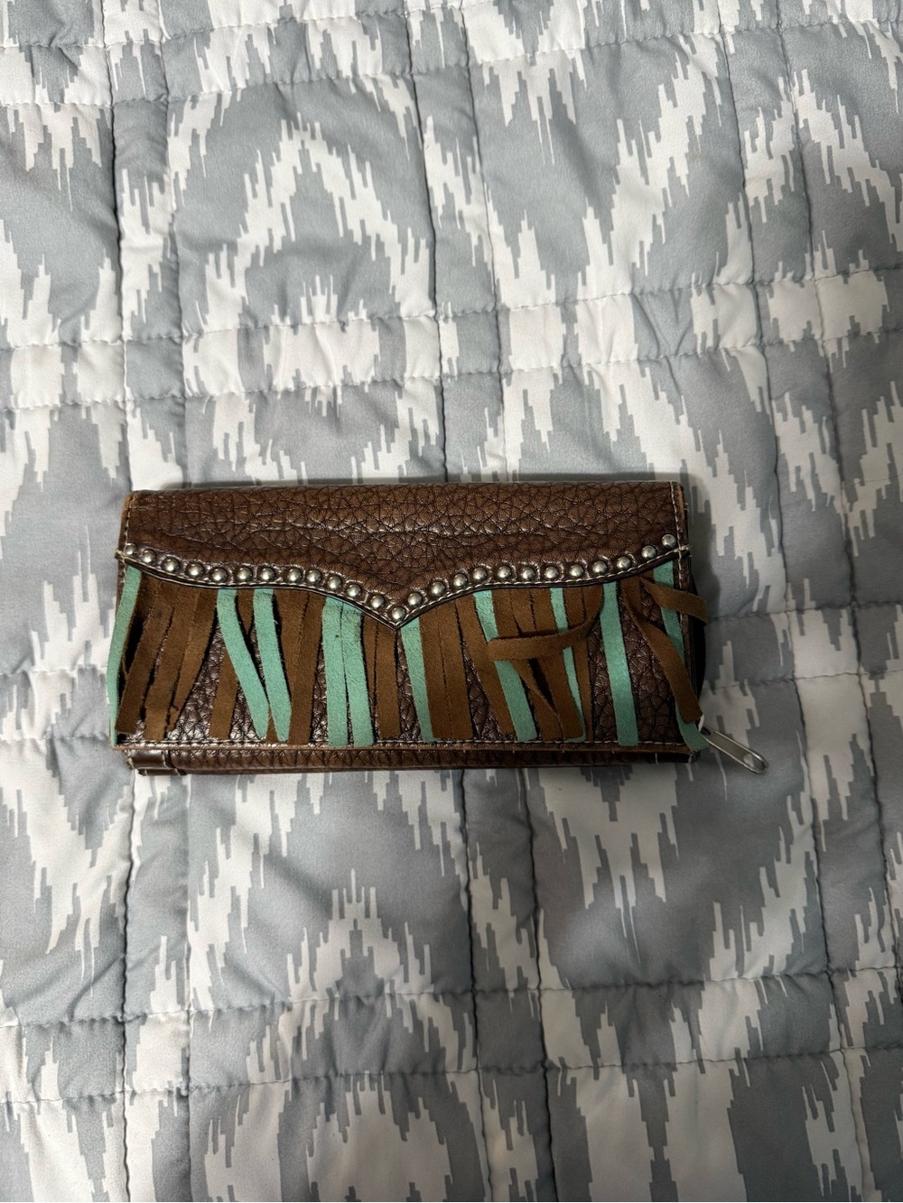 Brown Fringe Wallet with Mint Accents